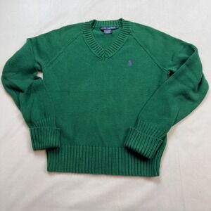 Ralph Lauren V Neck Sweater Emerald Green Purple Pony Logo Cotton Women L FLAW